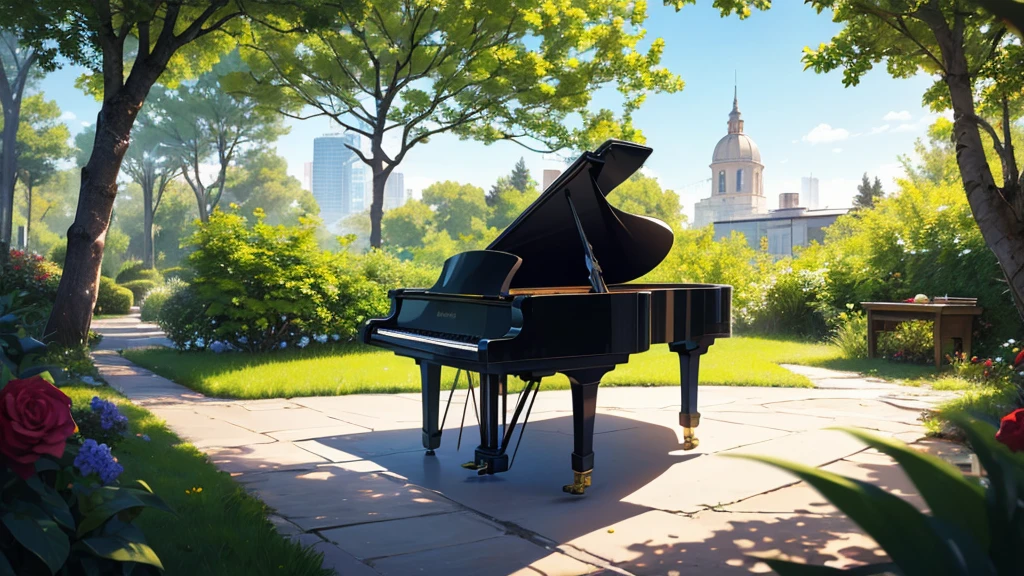 "A high-quality image of a black grand piano with its lid open, showcasing the intricate inner workings of the instrument. The piano is positioned against a plain white background, emphasizing its elegant and glossy finish. The brand"A beautiful scene featuring a black grand piano with its lid open, placed in a serene, sunlit park. The background shows lush green trees, colorful flowers, and a clear blue sky with a few modern buildings visible in the distance. The piano is positioned on a pathway, and the lighting creates a warm, inviting atmosphere with soft shadows. The overall mood is peaceful and inspiring, combining nature with urban elements."Rose garden、in the forest