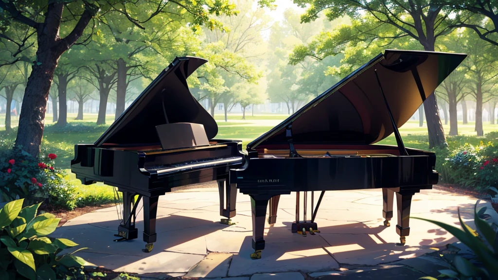 "A high-quality image of a black grand piano with its lid open, showcasing the intricate inner workings of the instrument. The piano is positioned against a plain white background, emphasizing its elegant and glossy finish. The brand"A beautiful scene featuring a black grand piano with its lid open, placed in a serene, sunlit park. The background shows lush green trees, colorful flowers, and a clear blue sky with a few modern buildings visible in the distance. The piano is positioned on a pathway, and the lighting creates a warm, inviting atmosphere with soft shadows. The overall mood is peaceful and inspiring, combining nature with urban elements."Rose garden、in the forest