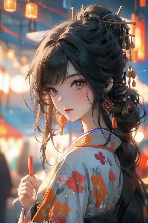 Perfect face. Perfect hands. A black haired woman with orange eyes in a pretty kimono is eating dinner in a festival