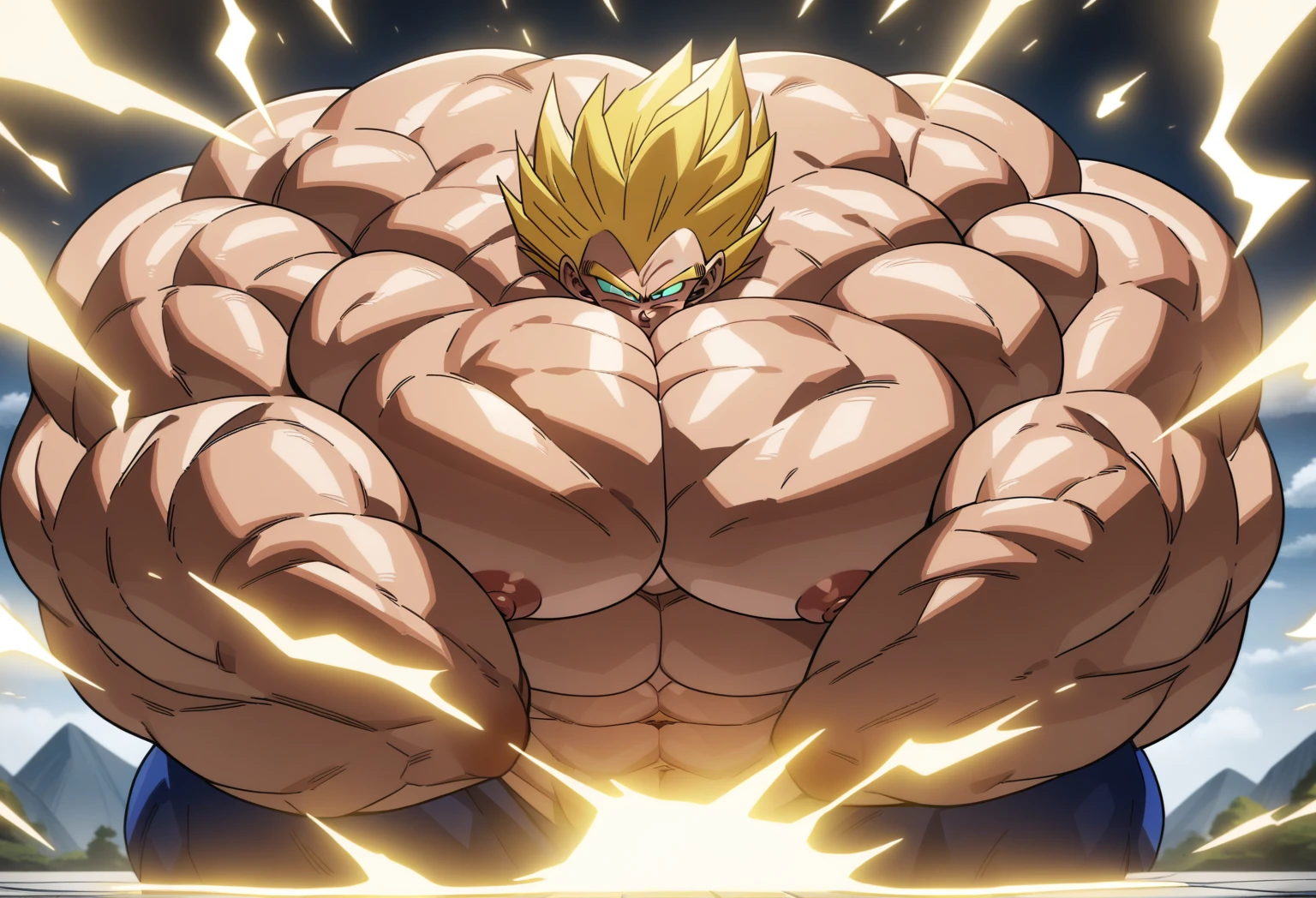 1boy, Vegeta, from Dragon Ball Z, masterpiece, best quality, very aesthetic, absurdres, saiyan, green eyes, spiked hair, (yellow hair:1.5), shirtless, blue skintight pants, white gloves, (huge muscles:2.5), dragonballartstyle, in the style of Akira Toriyama, white tiled floor, outdoors, flat-top mountains, nipples, yellow aura, electricity, white gloves, squeezed fists, visible abs, round pectorals