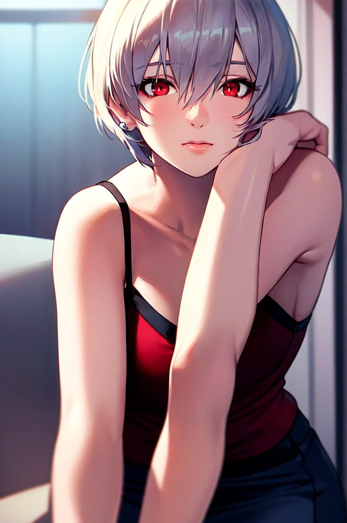 {{Neon Genesis Evangelion, Rei Ayanami:1.9}}, 8K, best quality, ultra-detailed, high resolution, highly detailed CG, clear, top aesthetic, excellent shading, (photorealistic:1.3), high contrast, ultra-fine illustration, shrink rate, beautiful detailed eyes, beautiful detailed skin, realistic skin, beautiful detailed hands, beautiful detailed fingers, beautiful detailed hair, detailed hair strands, beautiful detailed ears, beautiful detailed lips, professional lighting, beautiful detailed background, very realistic background, one girl, solo, 25 years old, beautiful woman, (((glossy pale hair, bob cut))), (hair between eyes), (((dark red eyes))), (inner camisole, outer see-through shirt, short skirt), dynamic angle, lip gloss, cowboy shot, modest, blushing, expressionless, in a western-style room, lying on back, arms behind head