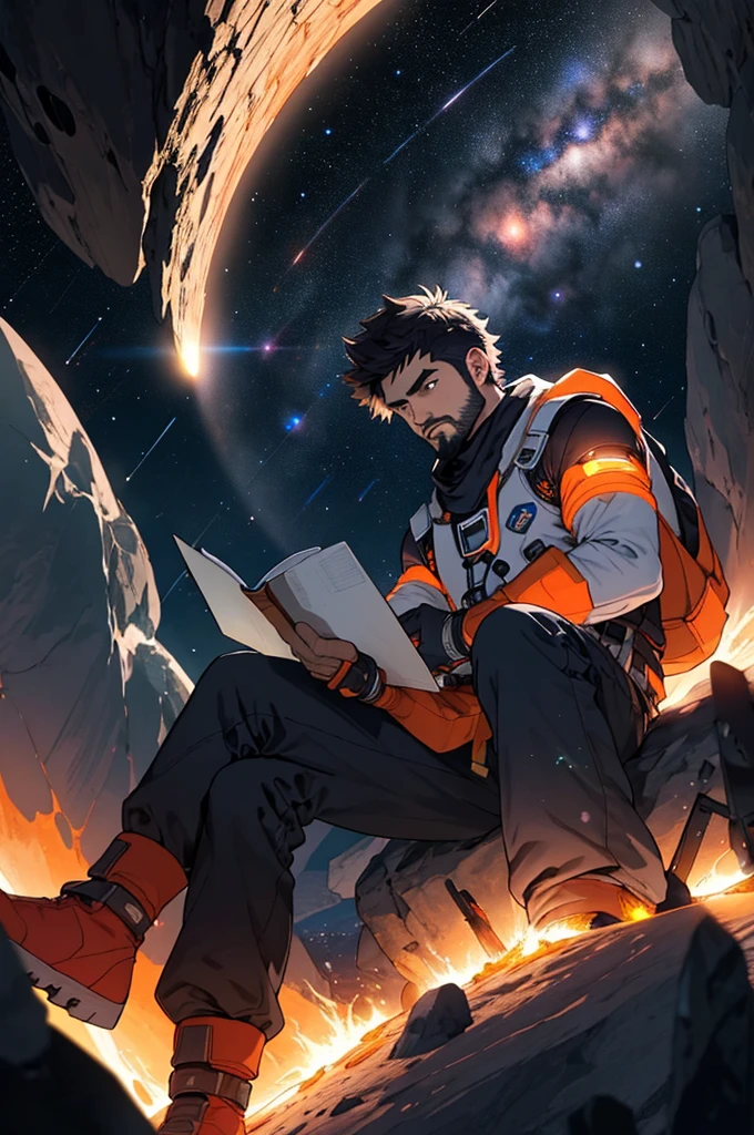 Desenhe um jovem programador, sitting on a research platform floating in the middle of an asteroid belt. He is studying with a notebook, surrounded by several asteroids glowing with fiery auras. Dramatic lighting from distant stars and planets illuminates the scene, casting deep shadows on the costume. O jovem parece confiante e determinado, looking at the vast and mysterious universe with awe and respect,facial hair, cowboy shot,
