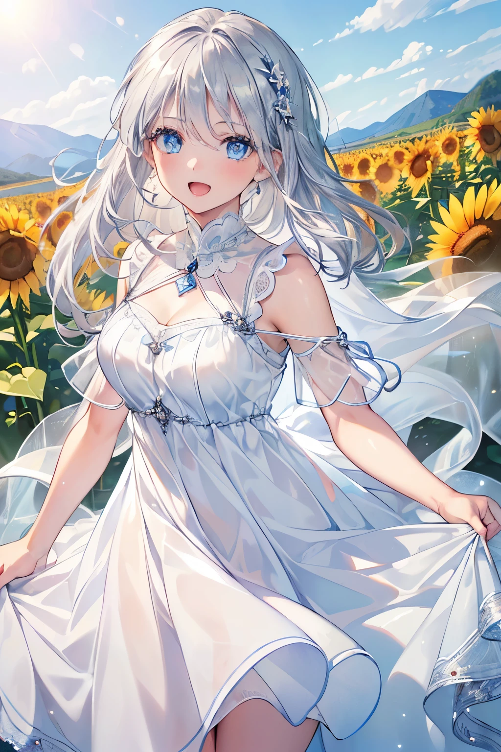 (Best quality,4K,8K,High resolution,Masterpiece:1.2),Super detailed,(Actual, Realistic),
break,
((Beautiful clear blue eyes:1.2)),very kind eyes,eyes wide open,beautiful eyelashes,beautiful lower eyelashes,
break,
((Beautiful and shiny silver hair:1.3)),A dazzling smile, a bursting smile, an open mouth laugh,
break,
(cute white summer dress:1.3),
break,
sunflower field