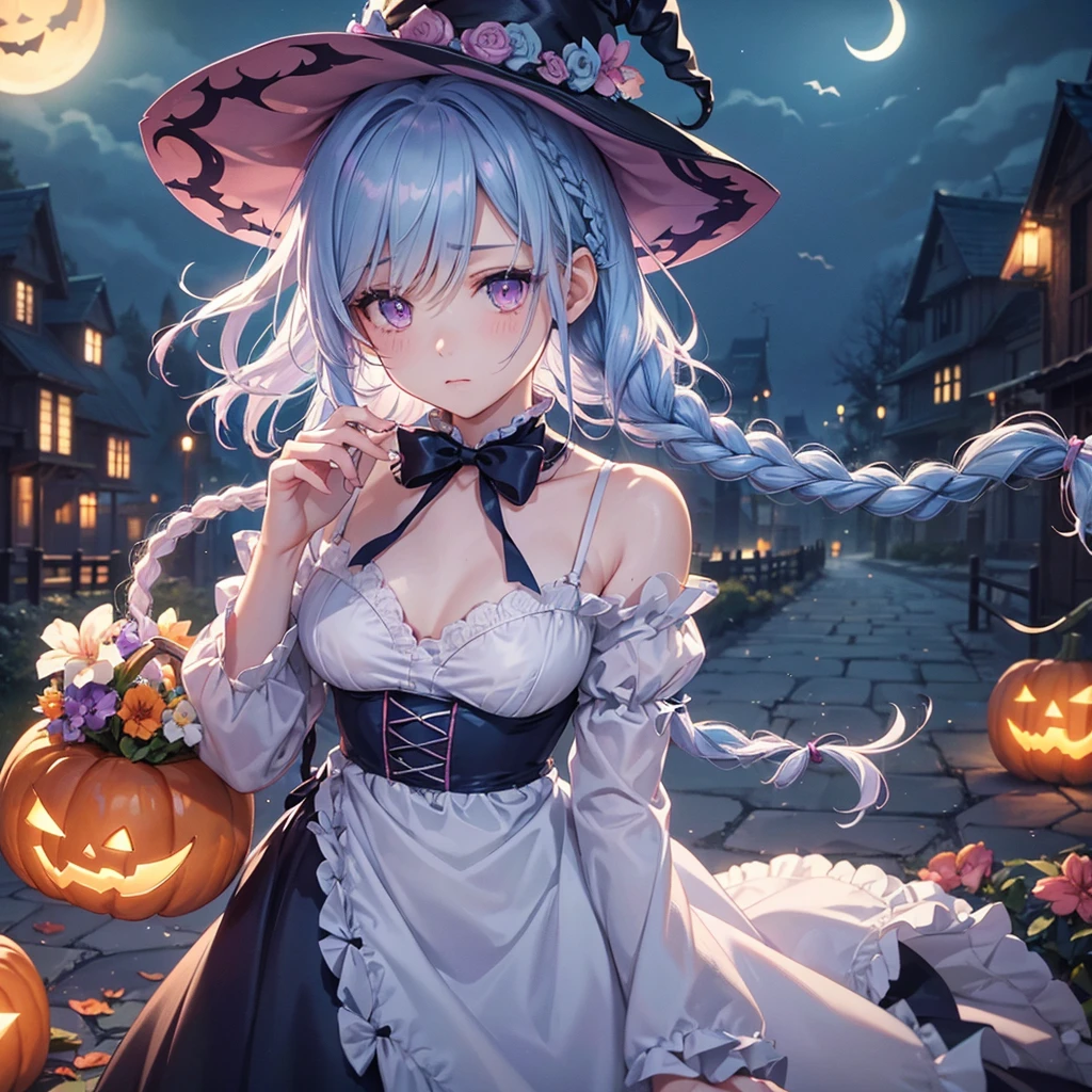 (Light blue medium hair),(Braided hair:1.2)、Pink eyes、Fair skin、cowboy shot、Halloween、The background is a pumpkin ghost、Crescent Moon、Trick or Treat、A lot of sweets、witch、Halloween night、Candy、many bat、Condescending expression、solo、(masterpiece、Highest quality、Very detailed、Best Shadow)、(Detailed Background)、(Beautifully detailed face)、High contrast、(Best lighting、Very delicate and beautiful)、(Cinematic Light)、colorful、Hyper Detail、Dramatic Light、Exquisite detail、