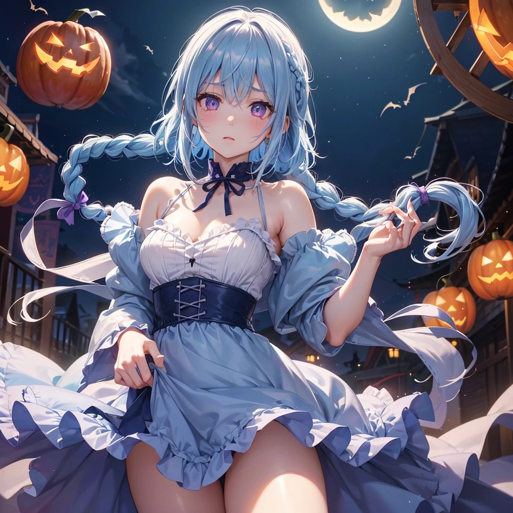 (Light blue medium hair),(Braided hair:1.2)、Pink eyes、Fair skin、cowboy shot、Halloween、The background is a pumpkin ghost、Crescent Moon、Trick or Treat、A lot of sweets、witch、Halloween night、Candy、many bat、Condescending expression、solo、(masterpiece、Highest quality、Very detailed、Best Shadow)、(Detailed Background)、(Beautifully detailed face)、High contrast、(Best lighting、Very delicate and beautiful)、(Cinematic Light)、colorful、Hyper Detail、Dramatic Light、Exquisite detail、