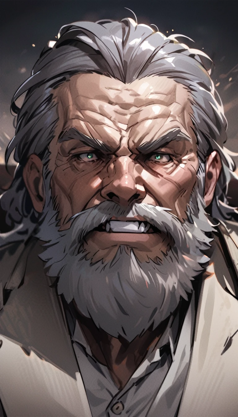 ,old, strong, bearded, grey suit, detailed face, gray hair and beard, intense gaze, commanding presence, wise expression, wrinkled skin, textured aging, confident posture, is shooting a rifle and screaming