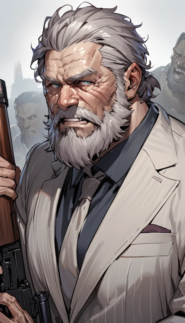 ,old, strong, bearded, grey suit, detailed face, gray hair and beard, intense gaze, commanding presence, wise expression, wrinkled skin, textured aging, confident posture, is shooting a rifle and screaming