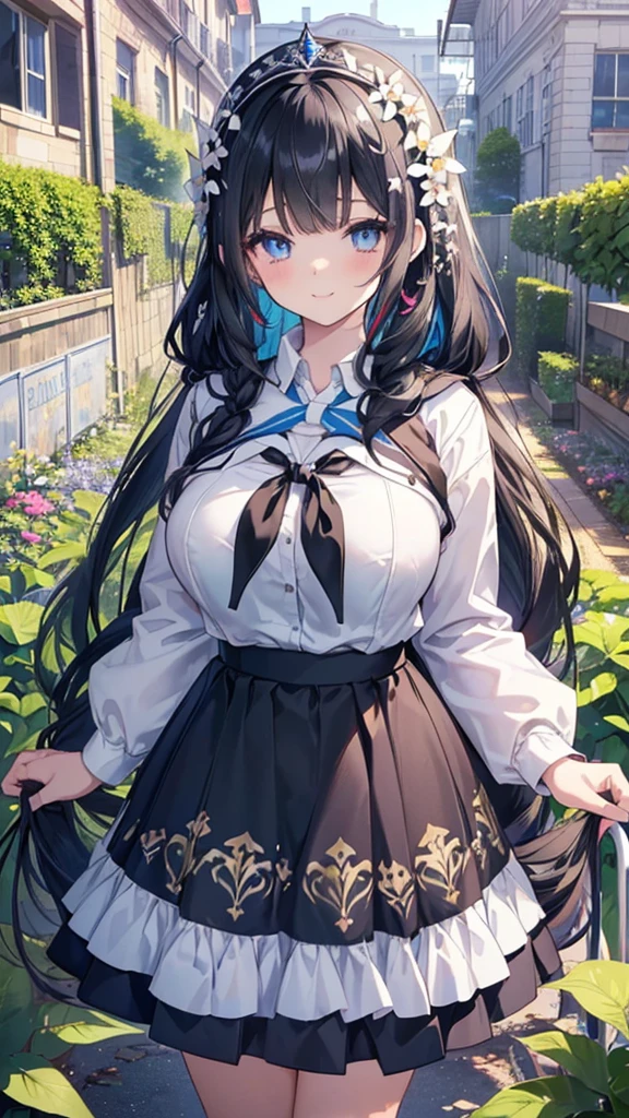 best quality, extremely detailed,anime style girl,long hair down to the waist, straight hair, ((dark black hair with bluish)),braid,beautiful detailed eyes, pinched eyes, (dark blue eyes),huge breasts,curvy,((((white main brightly colored princess school uniform)))),clothing with complex patterns,hair ornament,smile,((((school garden)))),((((pov))))