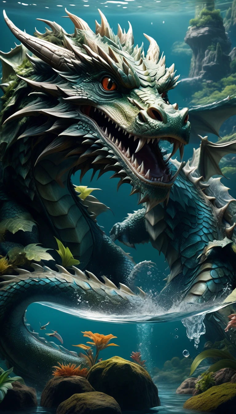 Panorama,There is a creature in the water,Dragon Body(best quality,4K,8k,High level,masterpiece:1.2),Ultra Detailed,(lifelike,Photo real,Photo real:1.37),Highly detailed animals,Complex patterns,Realistic lighting,Fantasy Creatures