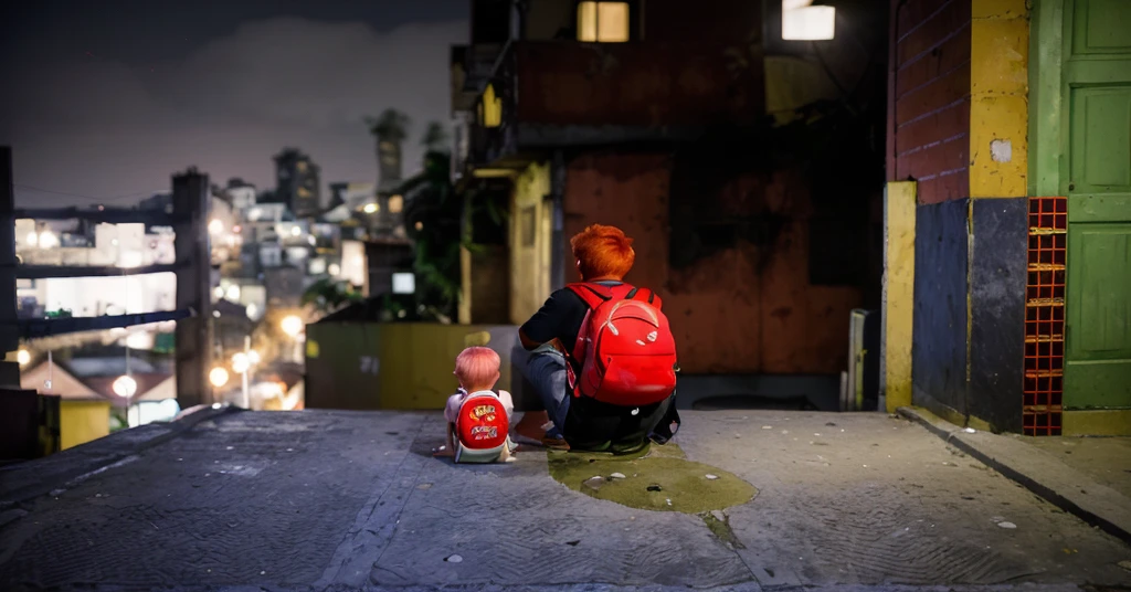 boy from the favelas with red hair and a red backpack sitting next to a  with white and pink hair with a red backpack looking at the lights of a city