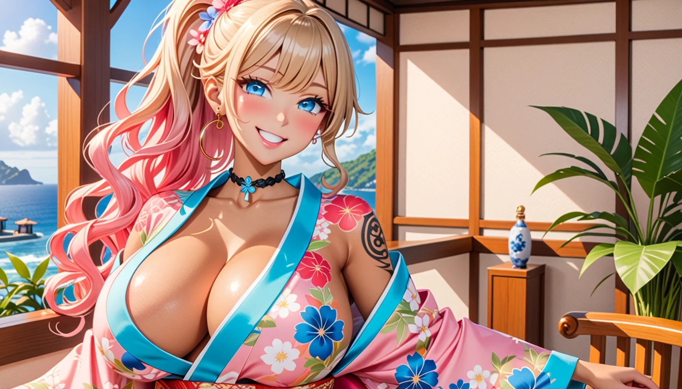 ultra-detailed, ((one girl)), (portrait), (tan skin:1.5), in pastel colors gyaru, (heavy makeup), (professional lighting) hyper detailed, absurdres, 8k, Beautiful Face, (Laugh shyly), ((teasing smile:1.6)), ((happy smile:1.5)),  ((Wink:1.5)), (Laugh with your mouth wide open),((Tilt your face:1.6)), View your viewers, ((Bright red cheeks:1.6)),Glossy shocking pink lips, ((huge breasts:1.6)),  (undressing), ((She lifts her kimono to reveal her pink nipples)),  ((Her tattoo peeked through her kimono:1.2)), noon, summer, Luxury resort hotel with ocean view, Foliage plant,  ((Anime style background)),masterpiece, Highest quality, (Brighten your face), so beautiful,Latest, Complex details, ((fluorescent pink long nail:1.2)), (ring),(bracelet), (Floral Choker),AI-generated, Complex,High resolution, Highest quality, super high quality,3D Images、3D Images,One person, (blond long hair), (High Ponytail), (wavy hair:1.4), Anime woman posing for a photo, ((Fine grain、blue eyes、glowing eyes:1.4)), (Squint your eyes:1.1),a hyperRealistic , hyperRealistic , Realistic,Anime woman with long honey blonde hair, Smooth anime CG art, A girl in a gorgeous pastel-colored kimono, ((Pastel-colored furisode)),(Pink large floral pattern),  (sideboob), Long flower hair ornament,large gold hoop earrings, Mature Body, tall,Narrow waist, (Sit on a chair), Pink toenails, (upper body), 