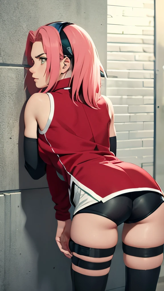 chedevr, Best quality at best, 1 girl, Sakura Haruno, big ,red clothes,Grew, to be sexy,Very angry,with pink hair, long pink hair, (green eyes:1.4), Forehead Protection,ideal figure,Behind,Портрет в полный рост Behind,in the cell,standing on his feet, сильно bent over вперед, face pressed against the wall ,legs straight, leans his hands on the wall, the back is arched back, tight black glossy bicycle shorts, lower body close up , butt raised up, bent over