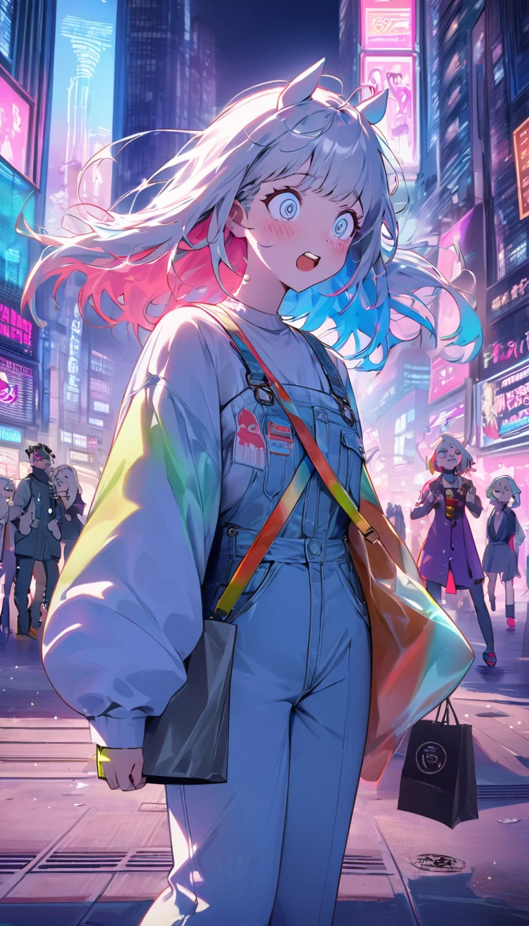 Scene:
• Setting: A bustling modern city with a cyberpunk twist. Neon lights, towering skyscrapers, and futuristic advertisements fill the scene.
• Character Position: The stylish centaur woman is standing on the sidewalk, surrounded by busy city dwellers. She is holding multiple shopping bags.
• Pose: She is looking at her smartphone with a surprised expression while trying to navigate the crowded street with her horse lower half, which adds a comedic touch.
• Surrounding Details: Pedestrians are reacting with surprise and amusement. Nearby, a café’s patrons are trying not to spill their drinks. The background includes sleek, futuristic buildings, holographic signs, and vibrant advertisements.
Lighting and Colors:
• Light Source: Evening city lights and neon signs illuminate the scene. The overall color palette is warm and vibrant, typical of a cyberpunk aesthetic.
• Color Contrast: The modern city’s grays and blues contrast with her colorful outfit and shopping bags, making her stand out.
Comedy Elements:
• Character’s Expression: Her surprised expression and awkward pose add humor to the scene.
• Reactions: The reactions of the pedestrians—some surprised, some amused—add to the comedic atmosphere. Café patrons are seen struggling not to spill their drinks due to the unexpected sight.
• Props: The shopping bags she is holding feature logos of contemporary and futuristic brands, emphasizing the modern setting.
Emotion and Theme:
• Emotion: The overall vibe is lighthearted and fun, with a touch of confusion on the centaur woman’s face, juxtaposed with the amused reactions of the city’s residents.
• Theme: The illustration blends modern urban life with a mythical element, highlighting the humor in an unexpected clash of the everyday and the fantastical within a cyberpunk world.
