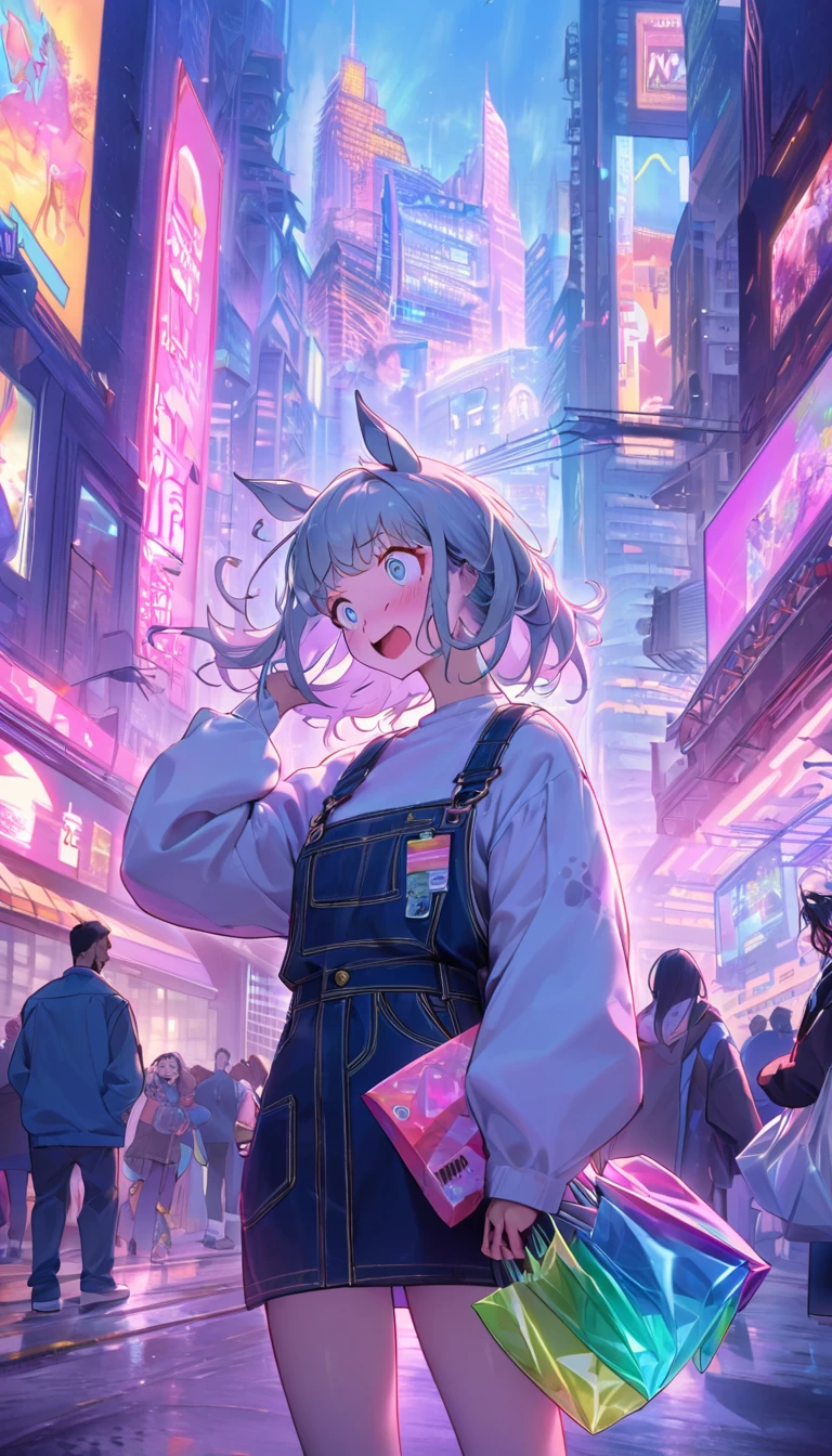 Scene:
• Setting: A bustling modern city with a cyberpunk twist. Neon lights, towering skyscrapers, and futuristic advertisements fill the scene.
• Character Position: The stylish centaur woman is standing on the sidewalk, surrounded by busy city dwellers. She is holding multiple shopping bags.
• Pose: She is looking at her smartphone with a surprised expression while trying to navigate the crowded street with her horse lower half, which adds a comedic touch.
• Surrounding Details: Pedestrians are reacting with surprise and amusement. Nearby, a café’s patrons are trying not to spill their drinks. The background includes sleek, futuristic buildings, holographic signs, and vibrant advertisements.
Lighting and Colors:
• Light Source: Evening city lights and neon signs illuminate the scene. The overall color palette is warm and vibrant, typical of a cyberpunk aesthetic.
• Color Contrast: The modern city’s grays and blues contrast with her colorful outfit and shopping bags, making her stand out.
Comedy Elements:
• Character’s Expression: Her surprised expression and awkward pose add humor to the scene.
• Reactions: The reactions of the pedestrians—some surprised, some amused—add to the comedic atmosphere. Café patrons are seen struggling not to spill their drinks due to the unexpected sight.
• Props: The shopping bags she is holding feature logos of contemporary and futuristic brands, emphasizing the modern setting.
Emotion and Theme:
• Emotion: The overall vibe is lighthearted and fun, with a touch of confusion on the centaur woman’s face, juxtaposed with the amused reactions of the city’s residents.
• Theme: The illustration blends modern urban life with a mythical element, highlighting the humor in an unexpected clash of the everyday and the fantastical within a cyberpunk world.