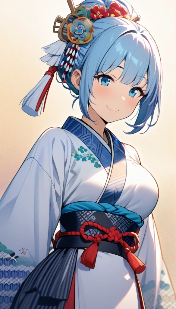1girl,long face,short sky blue hair, traditional Japanese dress,highly detailed dress with pattern,joyful smile,perfect body,curvy,standing,closer,