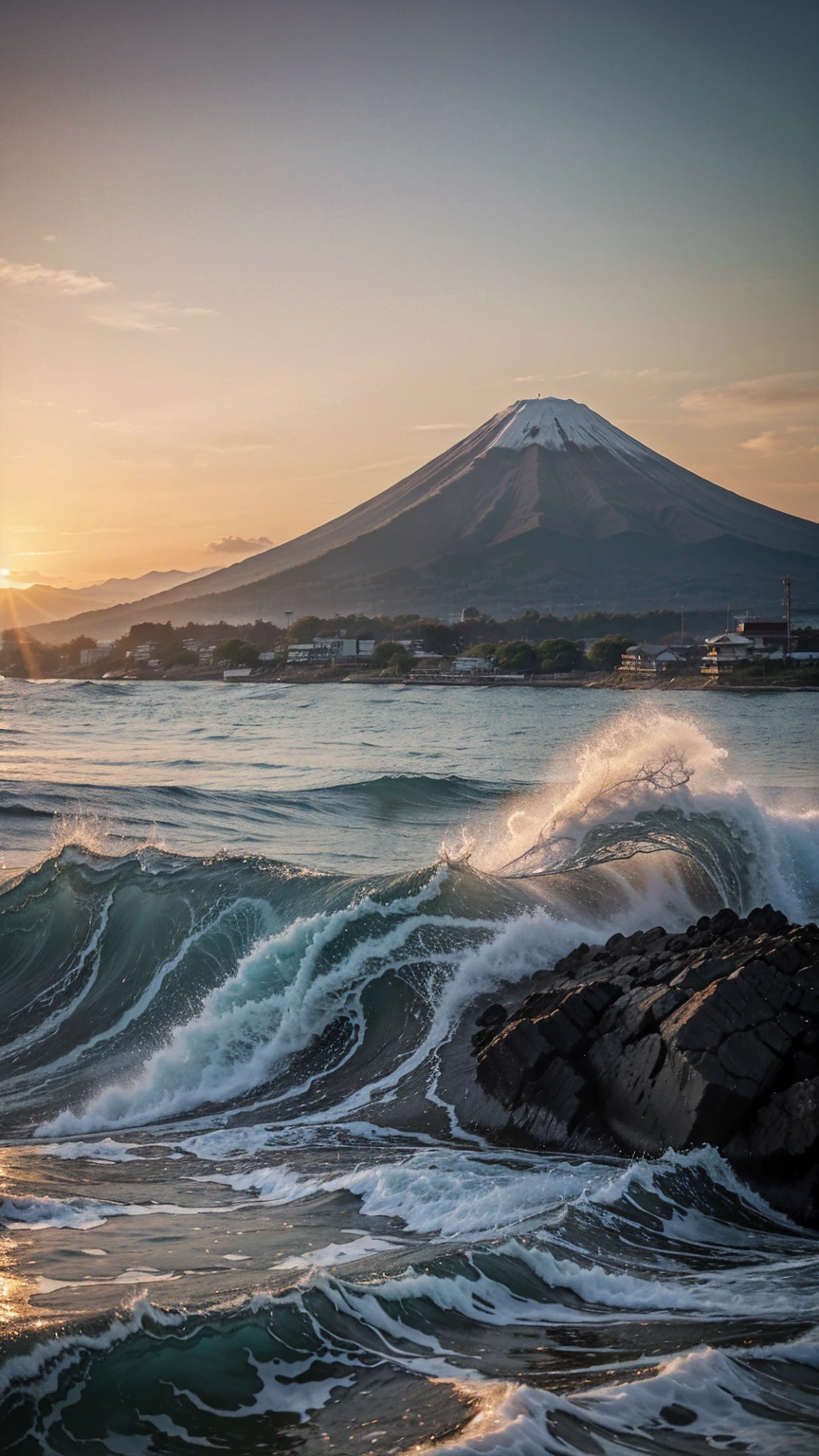 Big Waves，Kanagawa Okinami Ura，One small boat，sunrise，Fuji Mountain，Ukiyo-e style，8k wallpaper