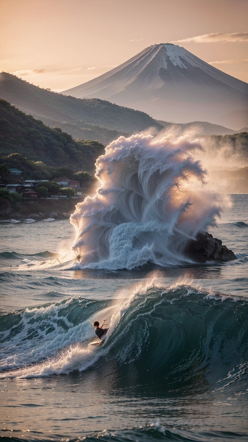 Big Waves,Kanagawa Okinami Ura,One small boat,sunrise,Fuji Mountain,Ukiyo-e style,8k wallpaper