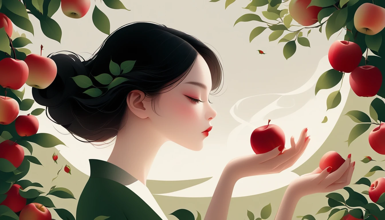 vector,Flat style,illustration,The Minimalists,数字艺术illustration,1 girl,There are many apples on the rose trees around,Unique,Black Hair,Pretty Face,portrait,Shoulder,Beautiful hands,used to be,artistic conception,Abstract