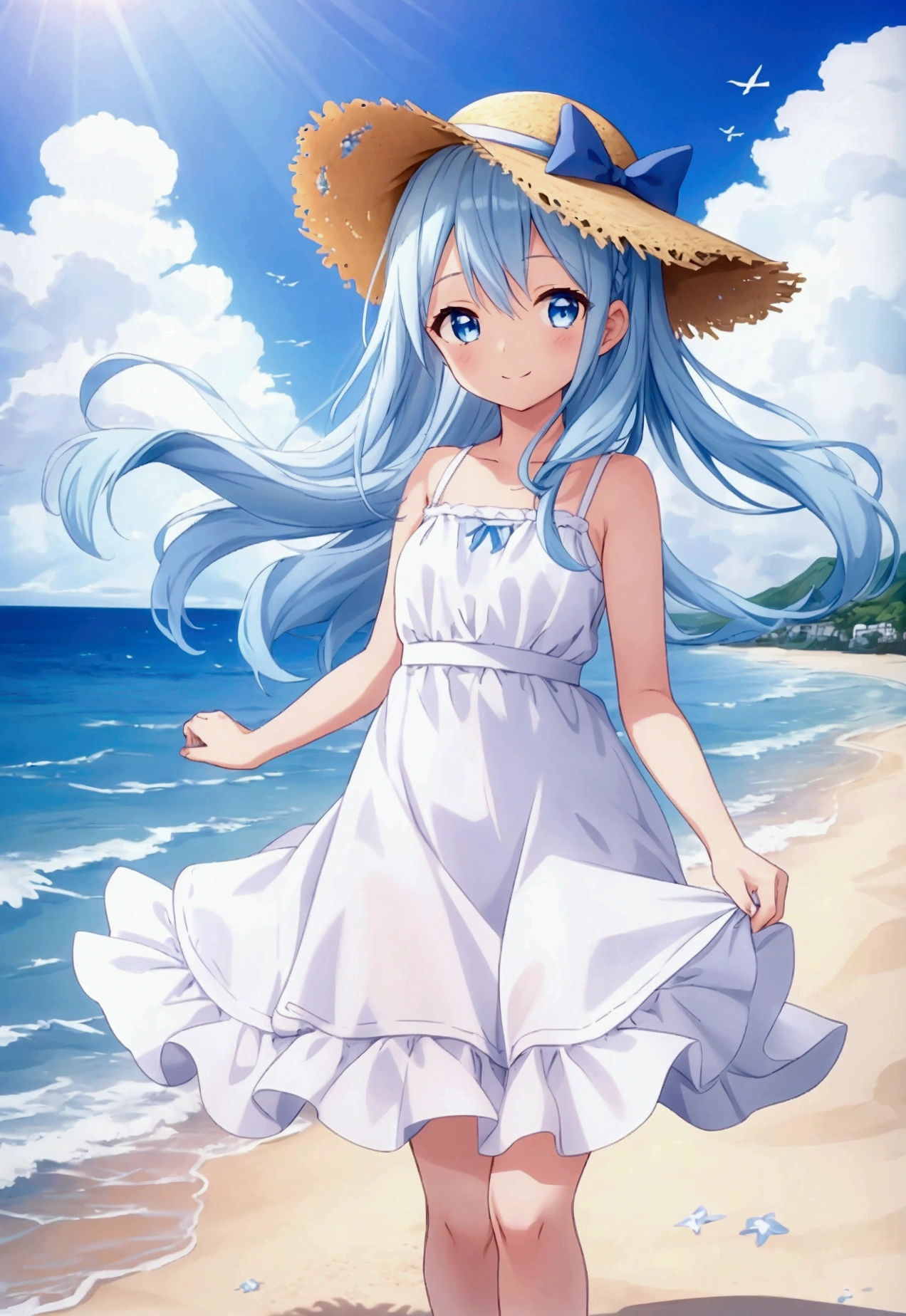 Best quality, ultra high res, 11 year old girl, long light blue hair, wearing a blue and white beach dress, gentle smile, blue eyes, standing on a beach, sunshine, bright sky, her hands behind her back, her hair and dress being blown gently by the wind, wearing a straw hat with a blue bow