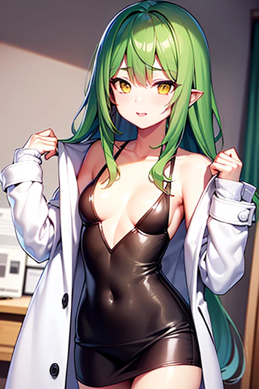 top quality,Perfect Face, long dark green hair, yellow eyes, collarbone，white coat，sexy body