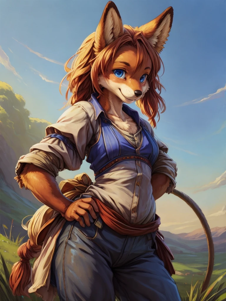 (masterpiece), (best quality),woman ((anthro)),(dog girl),1girl,solo,(sharp focus),((look at viewer)),adult female,(farmer outfit),perfect eyes, dr comet,pochincoff,Pixelsketcher, (mayosplash), (wamudrawasterpiece),cutesexyrobutts,hioshiru,kingbang,ltfoxvixen,shiny skin,detailed brown fur,smile,old school fantasy art,((simple background:1.0)),gray background,Droopy ears,liberty,