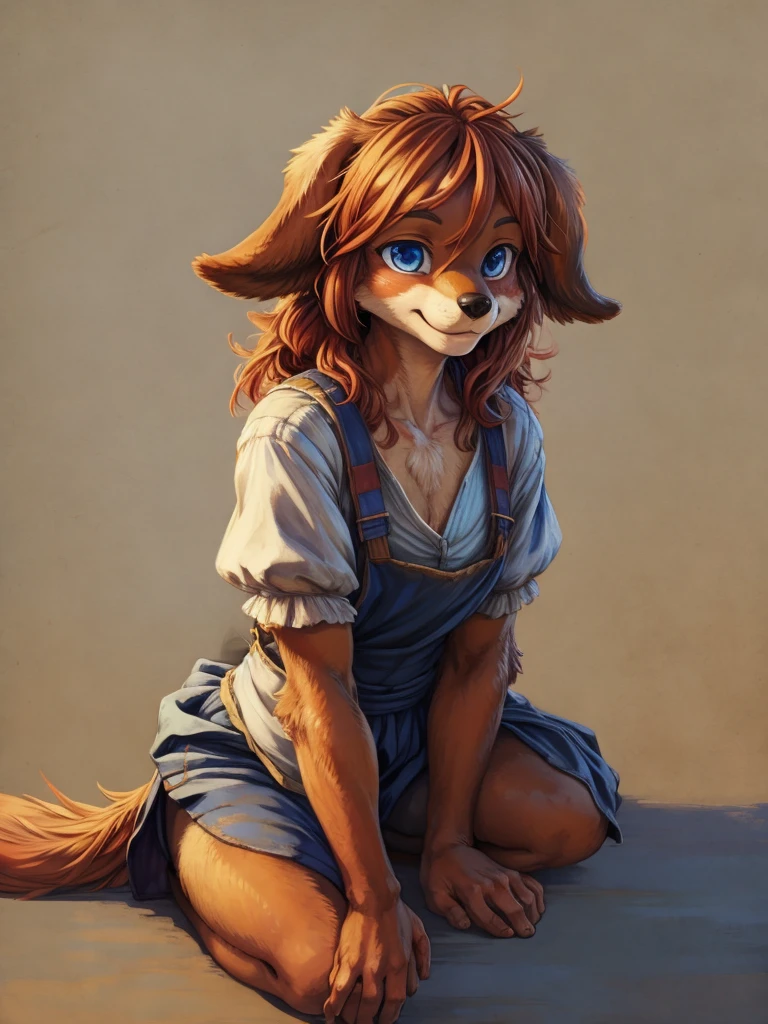 (masterpiece), (best quality),woman ((anthro)),(dog girl),1girl,solo,(sharp focus),((look at viewer)),adult female,(farmer outfit),perfect eyes, dr comet,pochincoff,Pixelsketcher, (mayosplash), (wamudrawasterpiece),cutesexyrobutts,hioshiru,kingbang,ltfoxvixen,shiny skin,detailed brown fur,smile,old school fantasy art,((simple background:1.0)),gray background,Droopy ears,liberty,