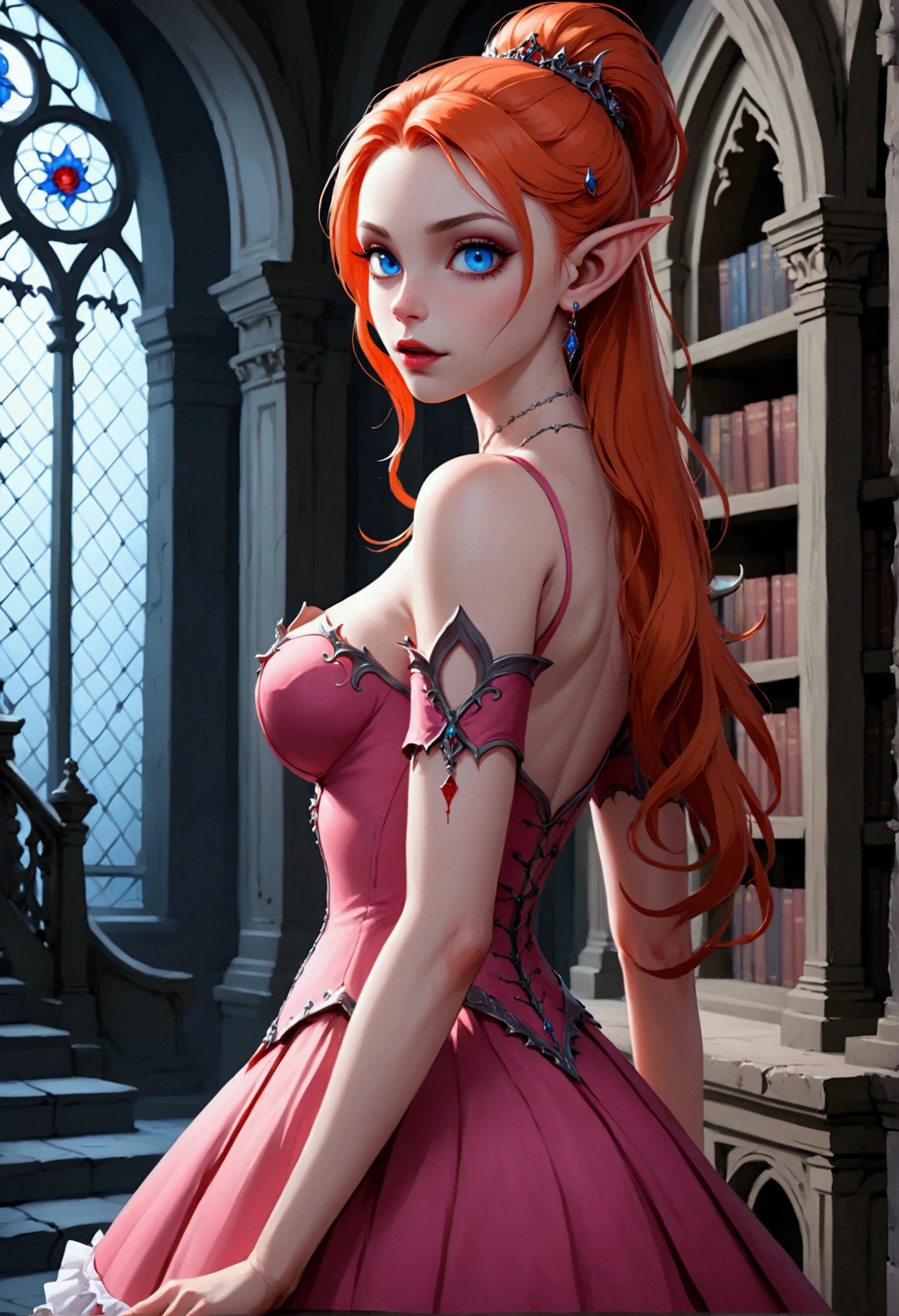 arafed a picture of elf vampire in her castle. an exquisite beautiful female elf vampire (ultra details, Masterpiece, best quality), full body, ((anatomically correct: 1.5) bloody mouth, orange hair, pale skin, hair in a ponytail, long hair, blue eyes, (small pointed ears: 1.2), cold eyes, smirking, wearing pink dress (ultra details, Masterpiece, best quality), red cloak, wearing high heels, in dark fantasy library, book shelves, vibrant, Ultra-high resolution, High Contrast, (masterpiece:1.5), highest quality, Best aesthetics), best details, best quality, highres, ultra wide angle, 16k, [ultra detailed], masterpiece, best quality, (extremely detailed) RAW, dark fantasy art, gothic art, wearing Haute_Couture designer dress, Dark Novel, Dark Art Painting Style, dripping blood, hud_s1n, short black dress, long sleeves, veil, thighhighs, digital painting