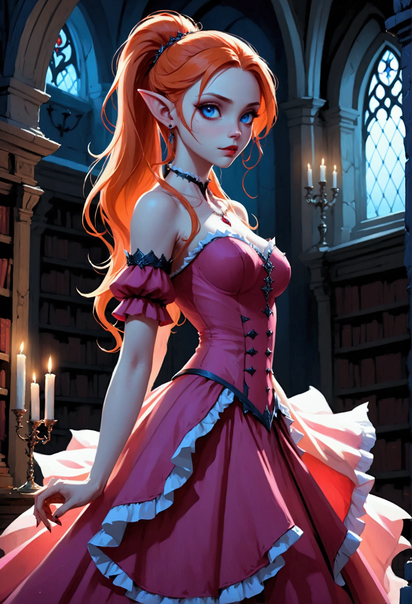 arafed a picture of elf vampire in her castle. an exquisite beautiful female elf vampire (ultra details, Masterpiece, best quality), full body, ((anatomically correct: 1.5) bloody mouth, orange hair, pale skin, hair in a ponytail, long hair, blue eyes, (small pointed ears: 1.2), cold eyes, smirking, wearing pink dress (ultra details, Masterpiece, best quality), red cloak, wearing high heels, in dark fantasy library, book shelves, vibrant, Ultra-high resolution, High Contrast, (masterpiece:1.5), highest quality, Best aesthetics), best details, best quality, highres, ultra wide angle, 16k, [ultra detailed], masterpiece, best quality, (extremely detailed) RAW, dark fantasy art, gothic art, wearing Haute_Couture designer dress, Dark Novel, Dark Art Painting Style, dripping blood, hud_s1n, short black dress, long sleeves, veil, thighhighs, digital painting