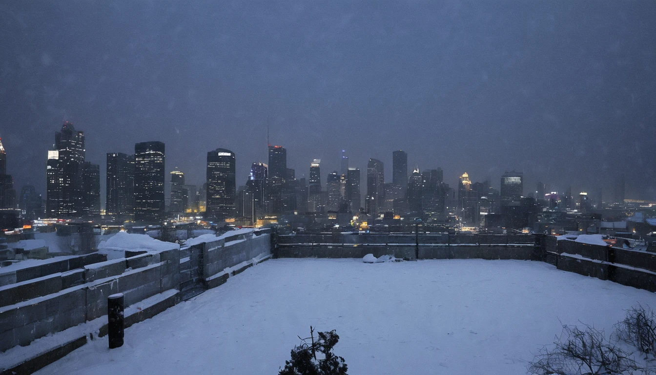 Cityscape, architecture, Non-human, cold sky,(blizzard:1.5), Snowstorm, City, dark sky, cold,Covered in heavy snow,Night view,Spooky night