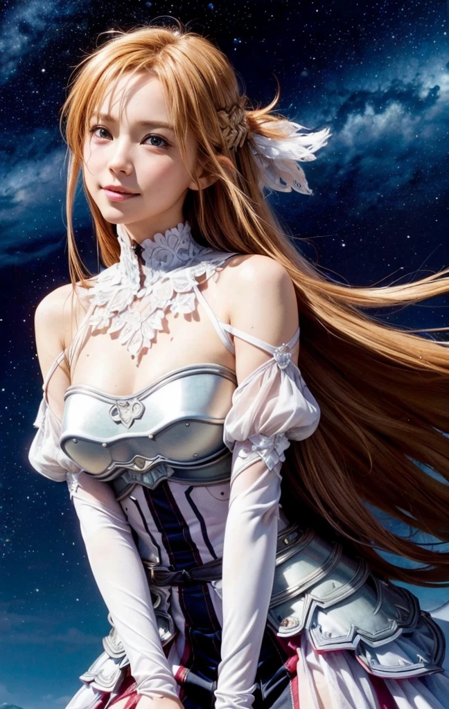 masterpiece, best quality, (realistic,photo-realistic:1.4), (RAW photo:1.2), extremely detailed CG unity 8k wallpaper, delicate and beautiful, amazing,finely detail, official art, absurdres, incredibly absurdres, huge filesize, ultra-detailed,extremely detailed eyes and face,light on face,yuuki asuna,(little smile),(caramel hair:1.4),(long hair:1.4),(wearing armored dress:1.4),(nature background:1.4),snow,night,white scarf