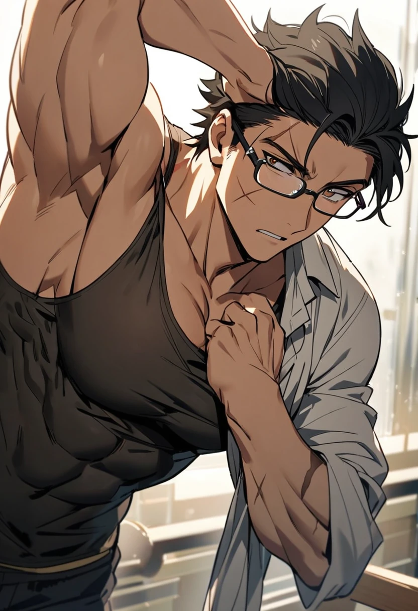 Male, black hair, hair parted in the middle, a scar on the right cheek, brown eyes, Put on a shirt, muscular, large chest Wear glasses