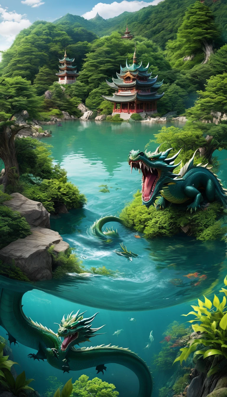 Panorama,There is a creature in the water,Dragon's Body,Tiger's head(best quality,4K,8k,High level,masterpiece:1.2),Ultra Detailed,(lifelike,Photo real,Photo real:1.37),Highly detailed animals,Complex patterns,Realistic lighting,Fantasy Creatures