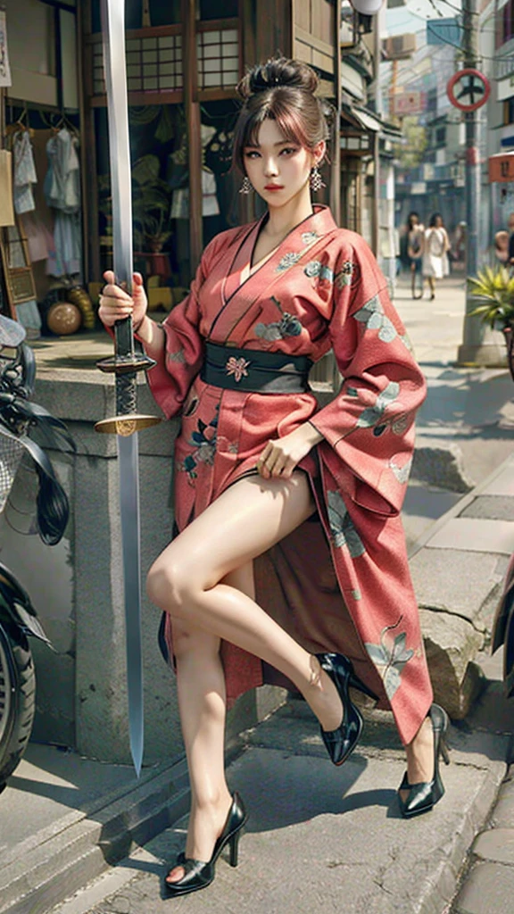 Beautiful Chinese woman, (), pretty face, red lips, white moisturized skin,
BREAK,
Athletic feminine body, Female fitness model body, Hard-toned feminine body, (muscles: 1.2), (beautiful belly button),
BREAK,
Martial arts, Kung fu, Idol,
BREAK,
(Wearing cute kimono: 1.3), (Red high heels 1.3), Necklace, Very large earrings, Short length,
BREAK,
Short hair, (Short bob hair), (Bangs: 1.2), (Pink hair), (Wavy hair),
BREAK,
(Holding a very large sword in hand: 1.4), (Holding the handle of the sword in hand: 1.3), (Raising a very large sword: 1.2), (Getting into a fighting position),
BREAK,
(Large tattoo, Japanese tattoos all over the body: 1.4),
BREAK,
Masterpiece, Perfect lighting, Ultra high resolution, 8K, (Very detailed: 1.4), (front view), looking at camera, melancholic expression,
BREAK,
(Tokyo city, lots of people in background), Japanese city background,