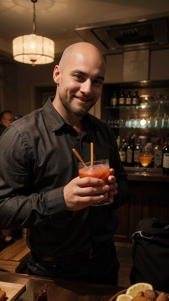 A handsome bald man drinking cocktail in the night club with a beard wearing, smile