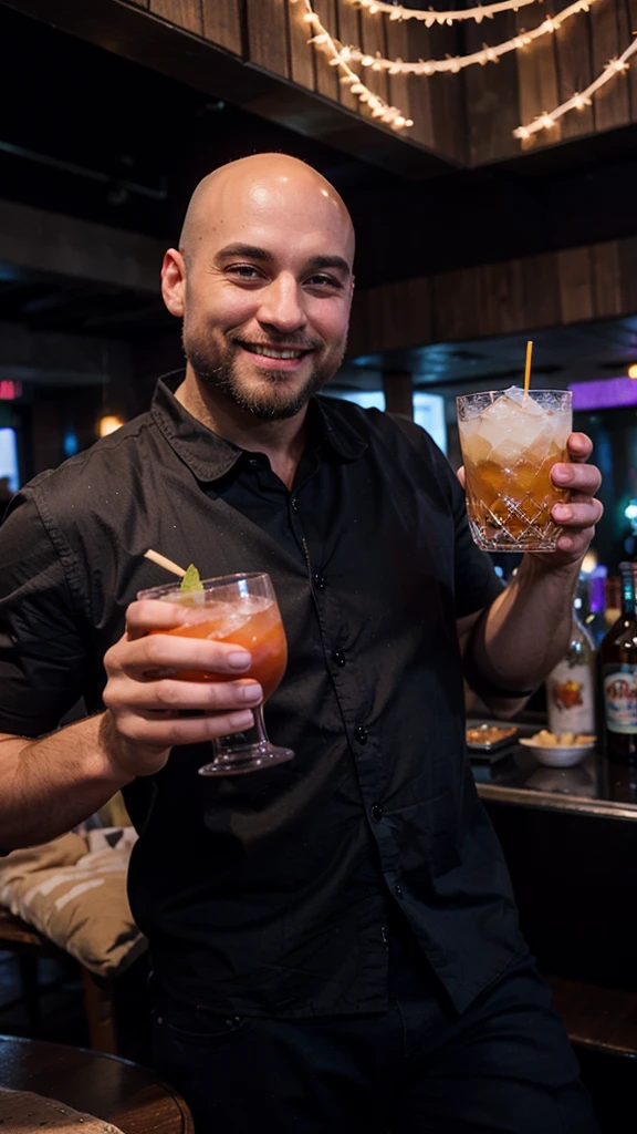 A handsome bald man drinking cocktail in the night club with a beard wearing, smile