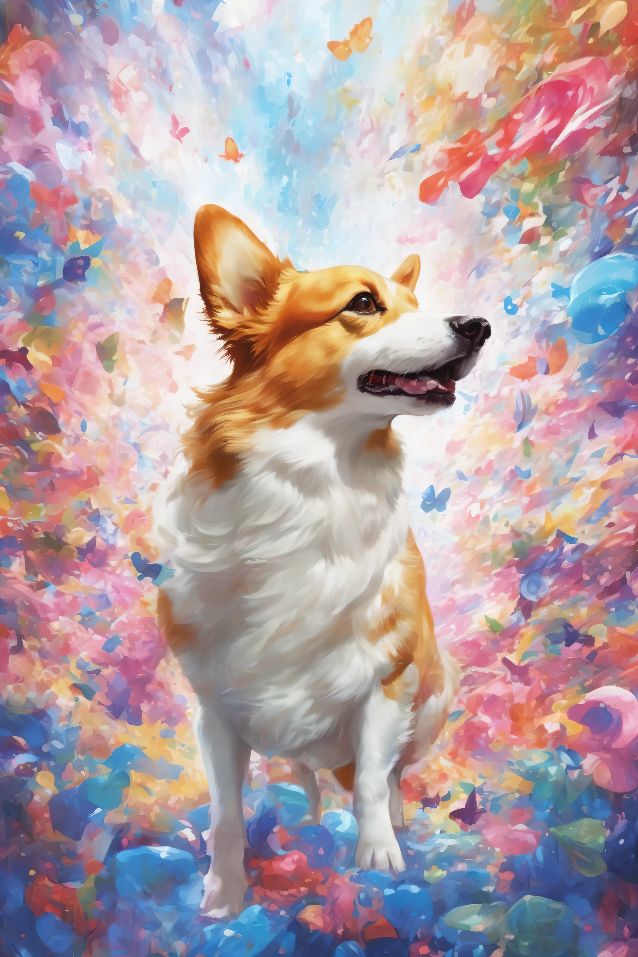 teamLab Style - Artwork、Masterpiece、Ultra high definition、Golden Ratio、Beautiful dog、Corgi、A dynamic pose、From below、Anatomically correct dog depiction
