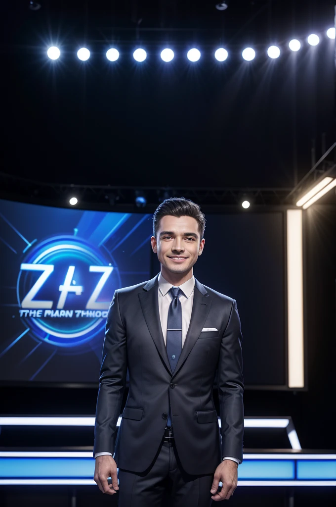 Create an image of a quiz show scene similar to 'Who Wants to Be a Millionaire' or 'Show do Milhão'. The scene features a host standing in the center, dressed in a suit and tie, holding a microphone, and smiling confidently. A contestant is seated next to the host, looking focused and ready to answer a question. In the background, there is a large digital screen displaying a question with four multiple-choice answers (A, B, C, D). The studio is brightly lit with stage lights and has modern, technological design elements like LED lights or digital panels. The host and contestant should be the main focus, with additional details like a response button on the contestant's chair arm and a small game logo 'QUAL É A RESPOSTA?' in the corner of the screen. Use vibrant colors like blue, gold, and black to create an elegant and sophisticated atmosphere. Add the game's title 'QUAL É A RESPOSTA?' at the top of the image in large, eye-catching letters. On the screen, include an example question: 'What is the capital of France?' with options: A) London, B) Paris, C) Rome, D) Berlin