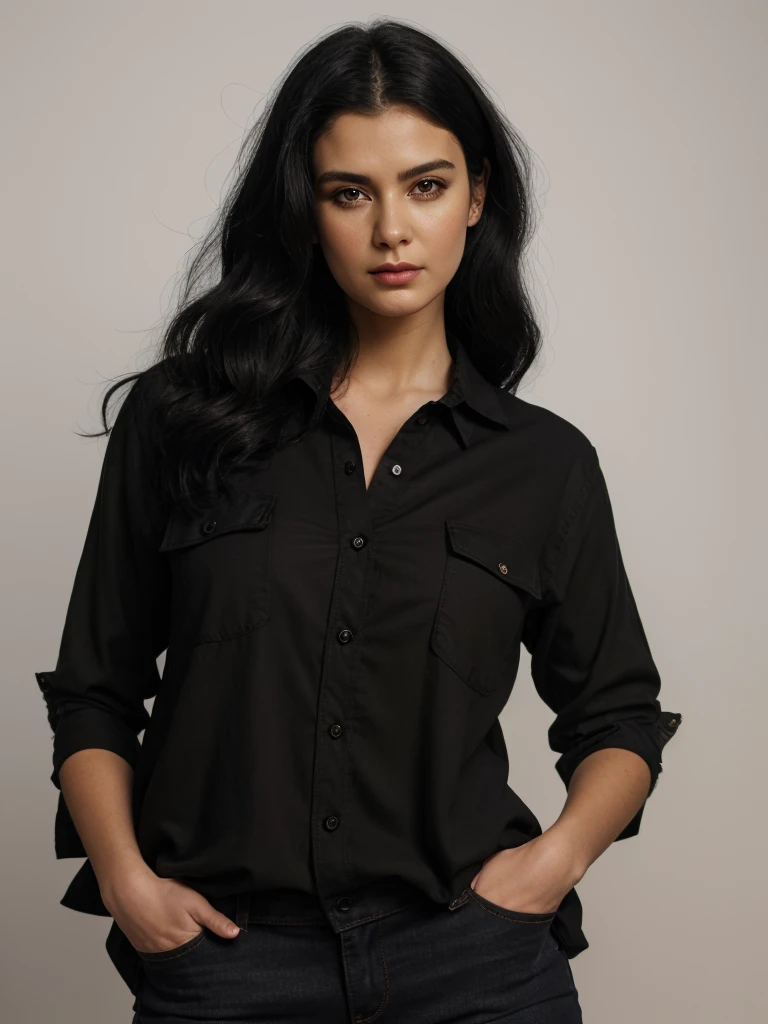 Best quality, masterpiece, ultra high res, (photorealistic:1.5), raw photo, 1 mature Ancient Egyptian girl, (((black button shirt with upper button opened))), wide shoulders, in the dark, deep shadow, low key, cold light, sexy look, black Cleopatra's hair (((black hair))), bright eyes, yin sanpaku eyes, eyeshadow, (((plain white background))), cinematic studio lighting