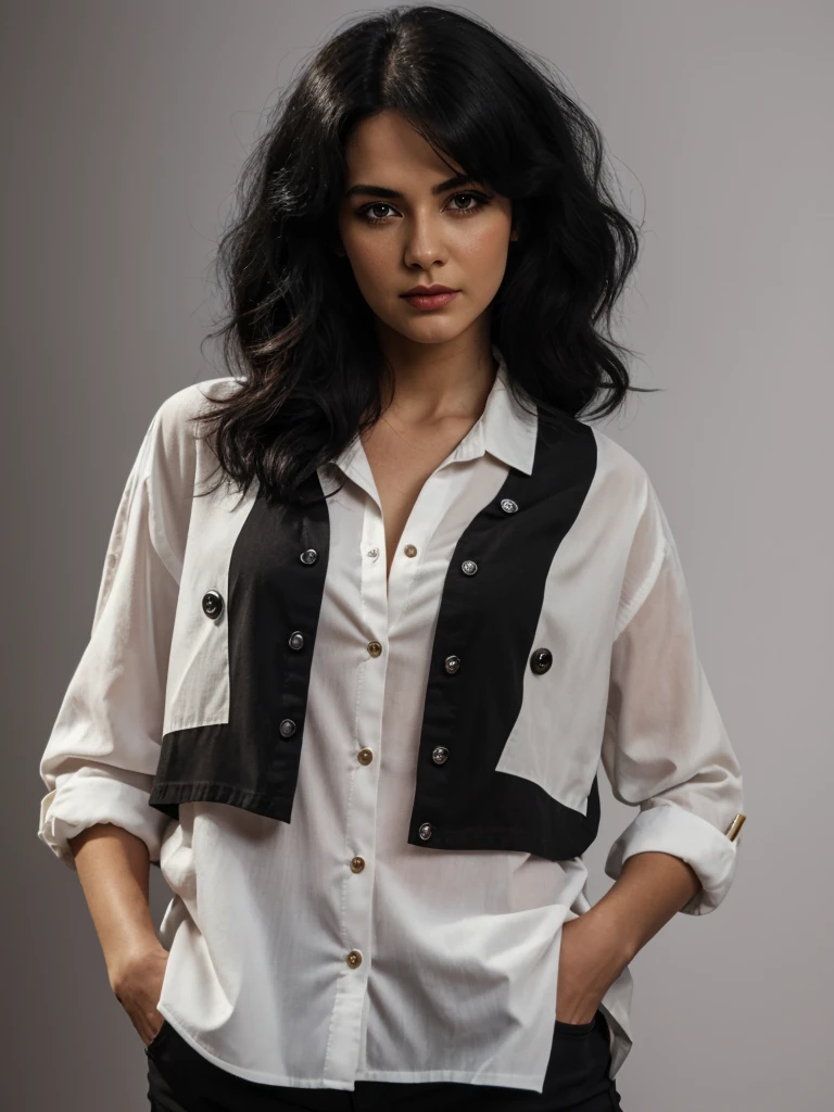 beautiful woma 40 years old, short slightly curly black hair with a middle line, wearing a tight black choker necklace, wearing a plain white t-shirt, wearing a black leather jacket, wearing a black skirt, wearing black boots, rocker style, standing and posing, background plain white, full body, photorealistic, high detail, ultra HD