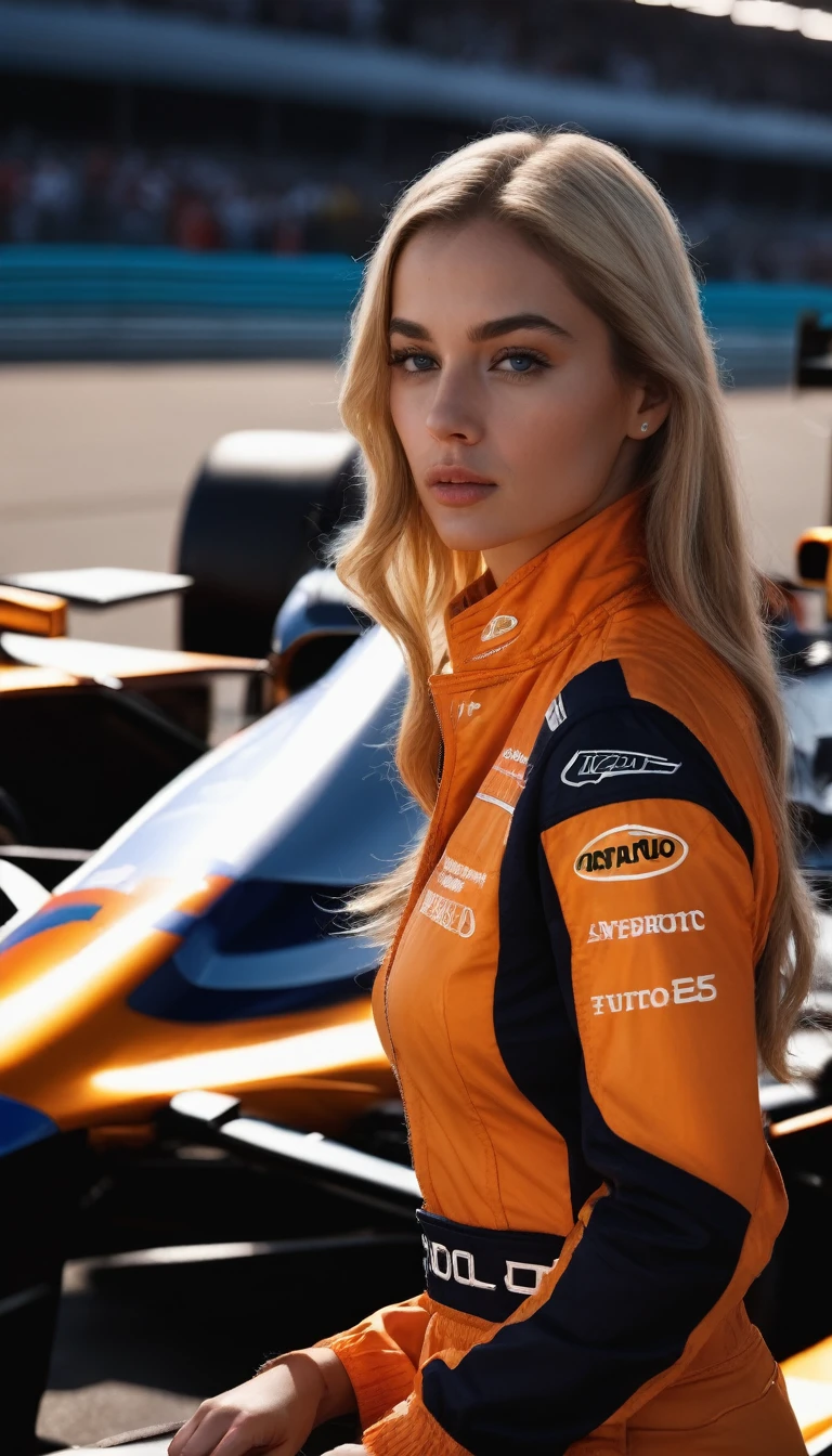 racer jumpsuit, ((orange shirt)), formula 1 pilot, (full body, ultra-detailed), laying next to a formula 1 racing car, in front of the camera, ((perfect eyes, detailed eyes,realistic eyes)), (masterpiece, best quality, ultra-detailed, best shadow), high contrast, (best illumination), ((cinematic light)), colorful, hyper detail, dramatic light, intricate details, (1 girl, solo) , ultra detailed artistic photography, dreamy, backlit, shadows, ultra high definition, 8k, ultra sharp focus, ultra high quality model, soft lighting, film photography, analogue photography, hyperrealism,, ((sharp face, detailed face, realistic face, natural skin, realistic skin, detailed skin, pores)), large breast, 25 years old very beautiful american girl, long straight blonde hair, expose cleavage