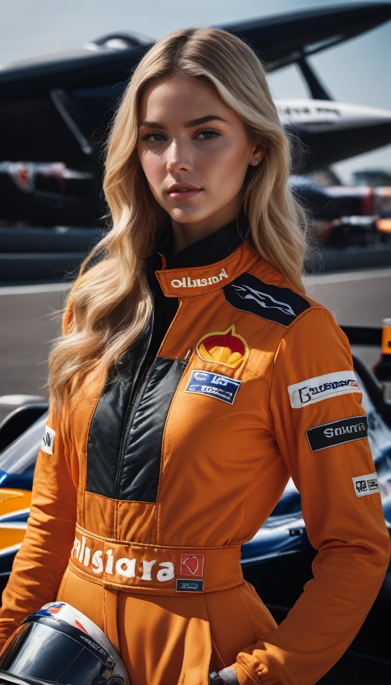 racer jumpsuit, ((orange shirt)), formula 1 pilot, (full body, ultra-detailed), laying next to a formula 1 racing car, in front of the camera, ((perfect eyes, detailed eyes,realistic eyes)), (masterpiece, best quality, ultra-detailed, best shadow), high contrast, (best illumination), ((cinematic light)), colorful, hyper detail, dramatic light, intricate details, (1 girl, solo) , ultra detailed artistic photography, dreamy, backlit, shadows, ultra high definition, 8k, ultra sharp focus, ultra high quality model, soft lighting, film photography, analogue photography, hyperrealism,, ((sharp face, detailed face, realistic face, natural skin, realistic skin, detailed skin, pores)), large breast, 25 years old very beautiful american girl, long straight blonde hair, expose cleavage