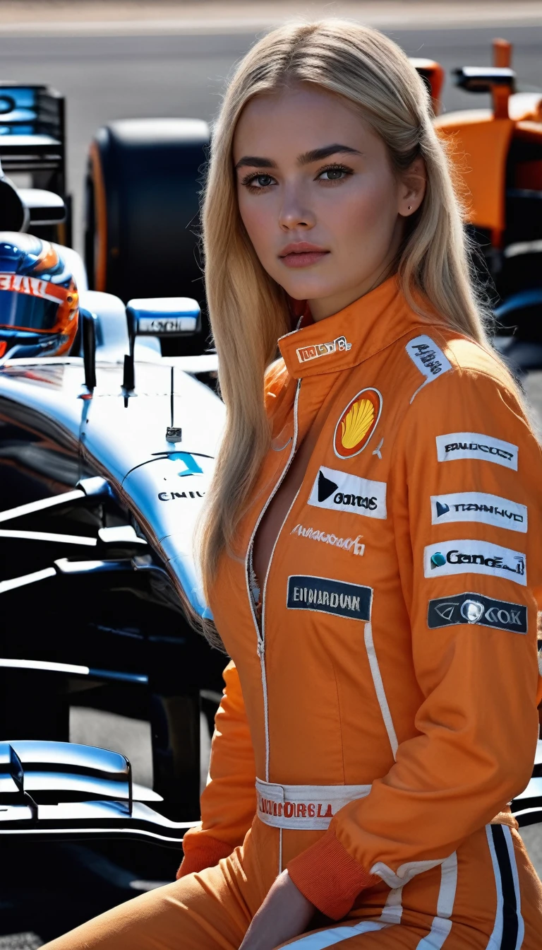 racer jumpsuit, ((orange shirt)), formula 1 pilot, (full body, ultra-detailed), laying next to a formula 1 racing car, in front of the camera, ((perfect eyes, detailed eyes,realistic eyes)), (masterpiece, best quality, ultra-detailed, best shadow), high contrast, (best illumination), ((cinematic light)), colorful, hyper detail, dramatic light, intricate details, (1 girl, solo) , ultra detailed artistic photography, dreamy, backlit, shadows, ultra high definition, 8k, ultra sharp focus, ultra high quality model, soft lighting, film photography, analogue photography, hyperrealism,, ((sharp face, detailed face, realistic face, natural skin, realistic skin, detailed skin, pores)), large breast, 25 years old very beautiful american girl, long straight blonde hair, expose cleavage