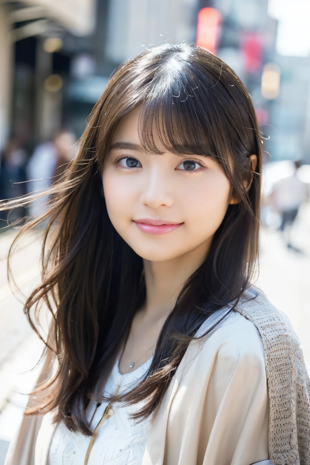 top-quality、white-skinned、Real human skin、(Detailed)、oval-face、pores、超A high resolution、(8K、RAW Photography、Photorealsitic:1.4)、1 girl、Slimed、(A person who sees with calm and goddess-like eyes)Happiness:1.2)、(Lip Gloss、eye lashes、Gloss Face、top-quality、 high resolution、Wide range of lighting、Natural shading)、oversize jacket、Fashion Shirts、Cityscape、Beauty Contest 1st Place、Beautiful eyes、smile、smile