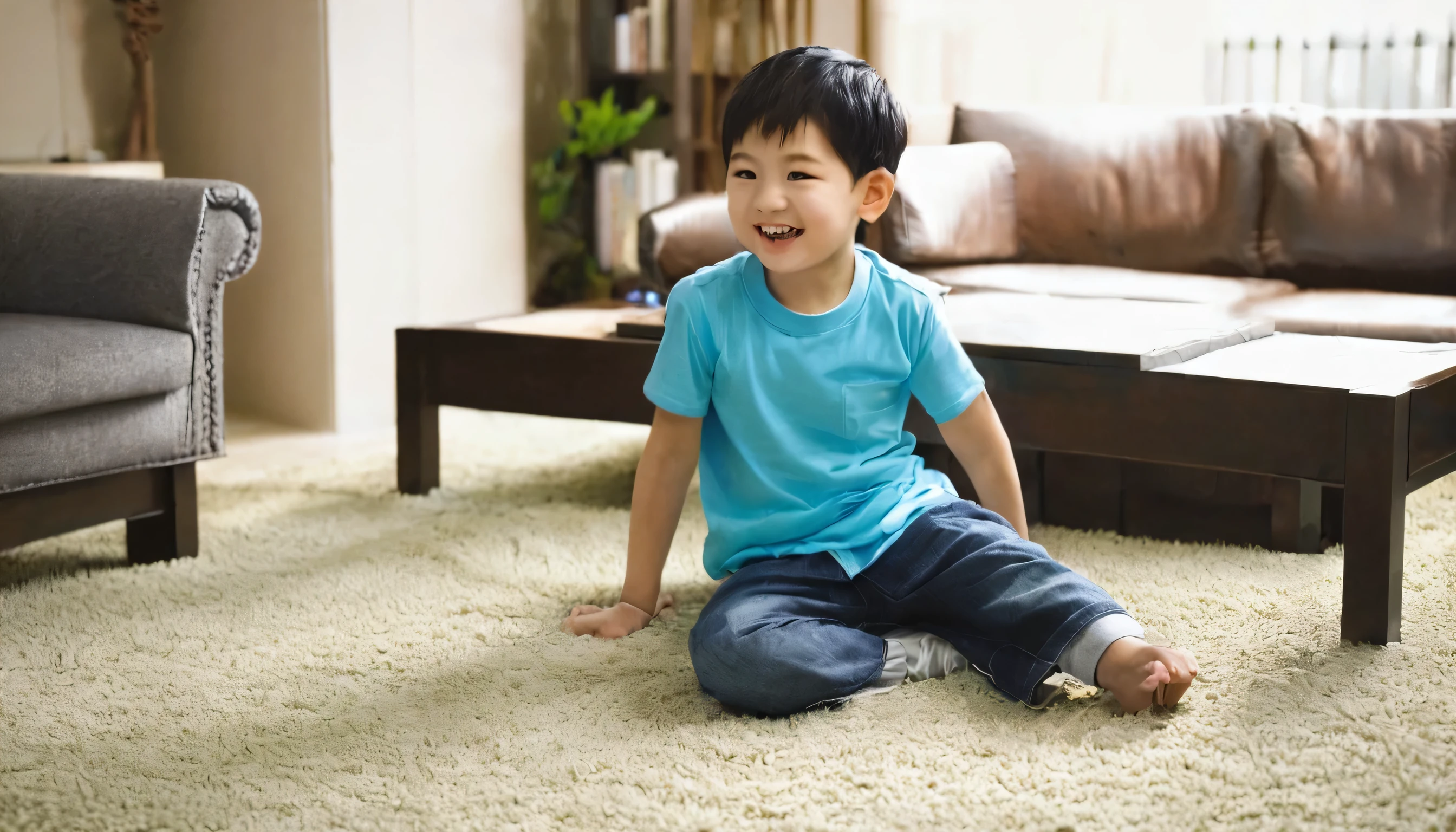 An Asian boy，in living room，Have fun