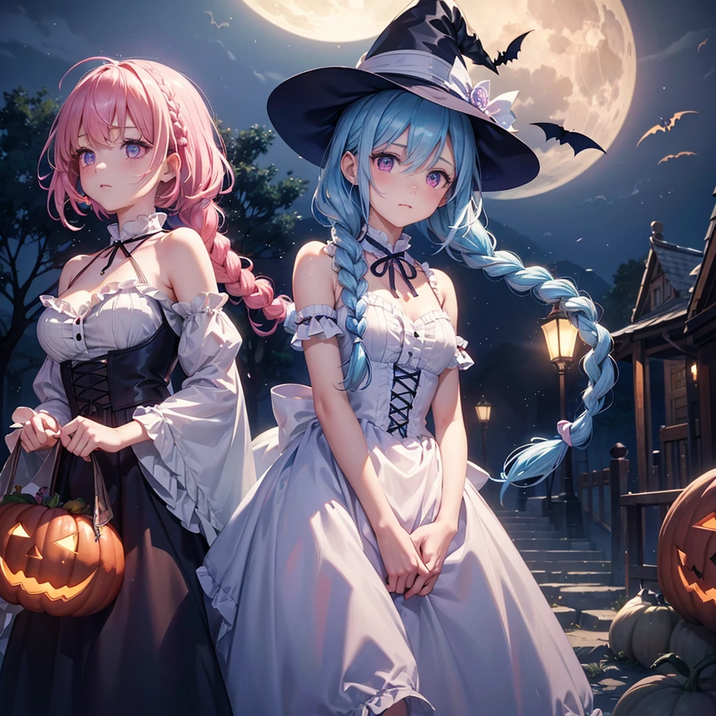 (Light blue medium hair),(Braided hair:1.2)、Pink eyes、Fair skin、cowboy shot、Halloween、The background is a pumpkin ghost、Crescent Moon、Trick or Treat、A lot of sweets、witch、Halloween night、Candy、many bat、Condescending expression、solo、(masterpiece、Highest quality、Very detailed、Best Shadow)、(Detailed Background)、(Beautifully detailed face)、High contrast、(Best lighting、Very delicate and beautiful)、(Cinematic Light)、colorful、Hyper Detail、Dramatic Light、Exquisite detail、