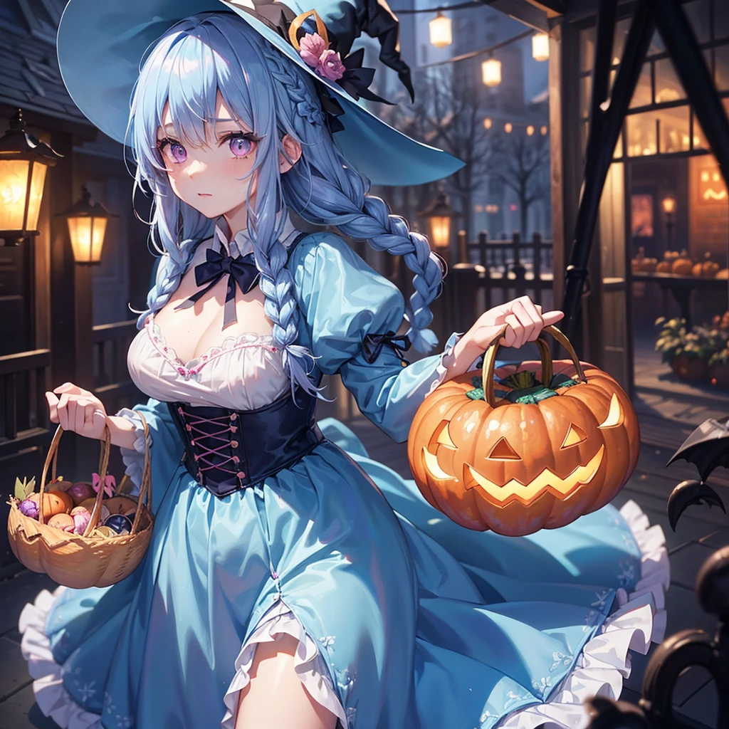 (Light blue medium hair),(Braided hair:1.2)、Pink eyes、Fair skin、cowboy shot、Halloween、The background is a pumpkin ghost、Crescent Moon、Trick or Treat、A lot of sweets、witch、Halloween night、Candy、many bat、Condescending expression、solo、(masterpiece、Highest quality、Very detailed、Best Shadow)、(Detailed Background)、(Beautifully detailed face)、High contrast、(Best lighting、Very delicate and beautiful)、(Cinematic Light)、colorful、Hyper Detail、Dramatic Light、Exquisite detail、