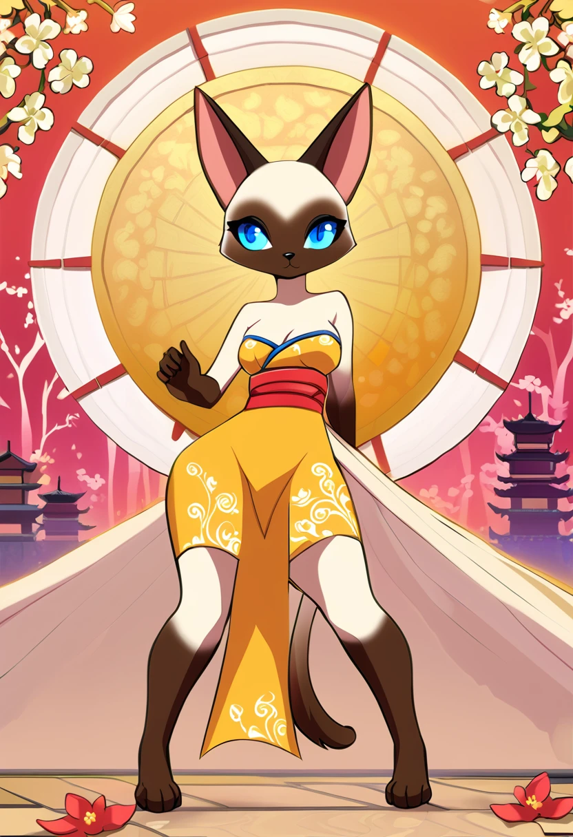 Ultra quality, Stylized 2D style, vivid colors, 1girl, anthro, fur, fluffy, siamese cat, she has a blue eyes, She Is Wearing A Yellow Japanese Dress, she has medium sized breasts, she has wide hips, Shes is slim and tall, full image body character view.
