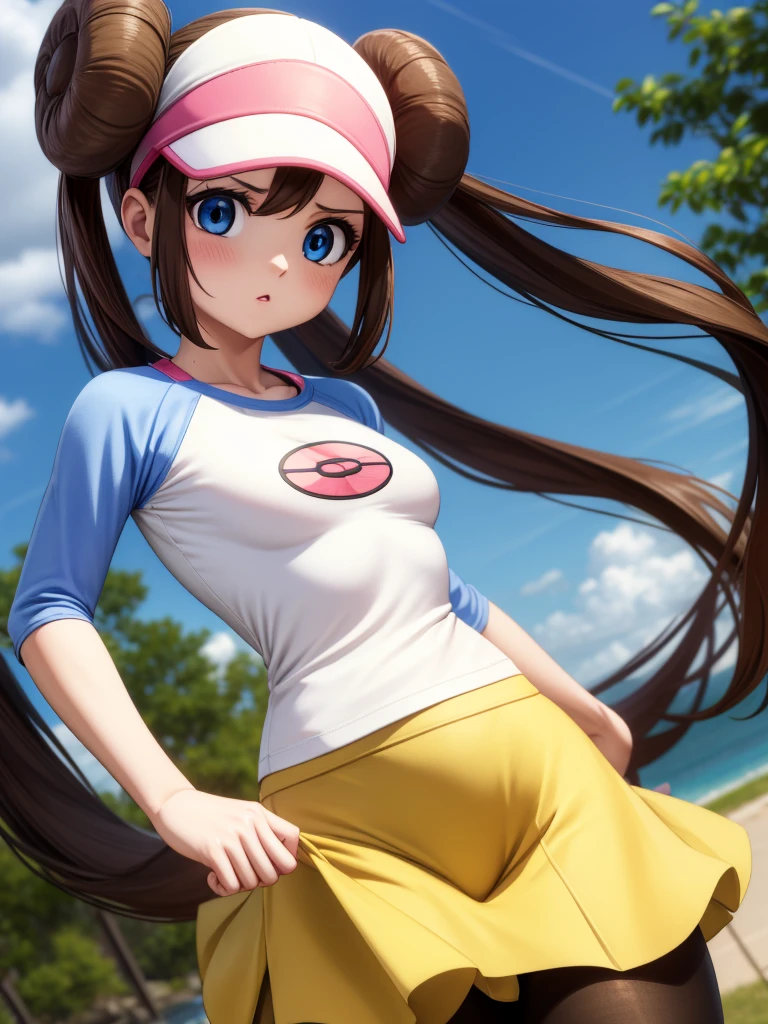 Rosa, Rosa, Brown Hair, Double Bang, doughnut Hair Bun, Hair Bun, blue eyes, Hair between the eyes, Twin tails, (Small breasts:1.2), Open your mouth, Embarrassing,
break pantyhose, Pantyhose under shorts, Raglan sleeves, skirt, yellow skirt, White shirt, Blue Sleeve, Long sleeve, Visor Cap,
break looking at viewer, Upper Body, whole body,
break outdoors,
break (masterpiece:1.2), Highest quality, High resolution, unity 8k wallpaper, (figure:0.8), (Beautiful attention to detail:1.6), Highly detailed face, Perfect lighting, Highly detailed CG, (Perfect hands, Perfect Anatomy),