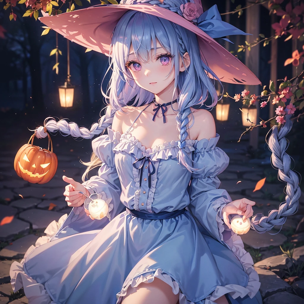 (Light blue medium hair),(Braided hair:1.2)、Pink eyes、Fair skin、cowboy shot、Halloween、The background is a pumpkin ghost、Crescent Moon、Trick or Treat、A lot of sweets、witch、Halloween night、Candy、many bat、Condescending expression、solo、(masterpiece、Highest quality、Very detailed、Best Shadow)、(Detailed Background)、(Beautifully detailed face)、High contrast、(Best lighting、Very delicate and beautiful)、(Cinematic Light)、colorful、Hyper Detail、Dramatic Light、Exquisite detail、