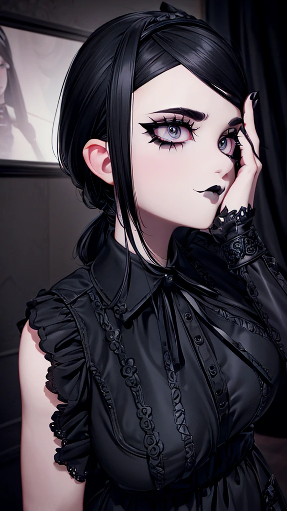 ((best quality)), ((masterpiece)), (detailed), 1girl, Black shirt, leggings, masterpiece, watching TV, ultra detail, black hair, cute, baby face, Gothic, black make up eyes, neck headband, black lipstick, narrowed eyes (cynical), plump, Hair tied, Hand accessories